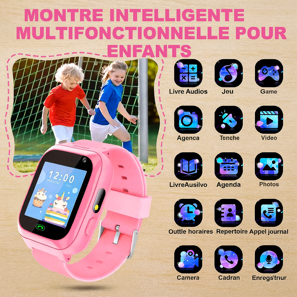 Montre connectée pour enfants avec appareil photo, musique et jeux – Amusante et éducative