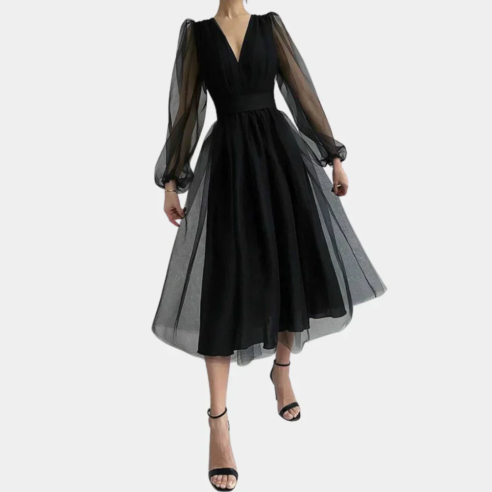 Leni - Élégante robe fluide à manches ballons avec décolleté en V