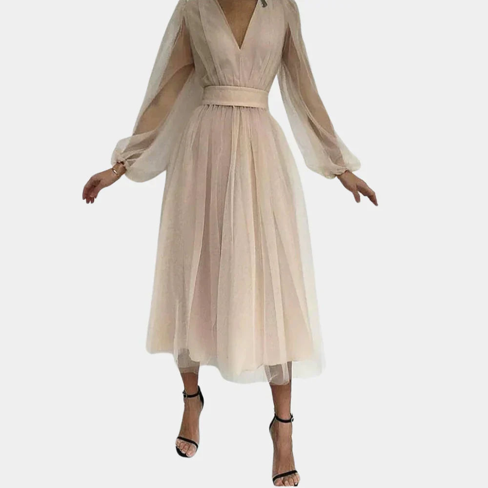 Leni - Élégante robe fluide à manches ballons avec décolleté en V