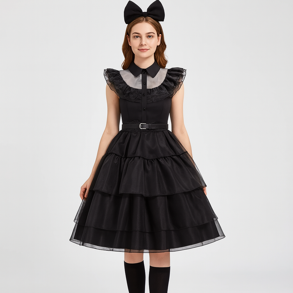 Nythera | Robe en dentelle gothique pour cosplay avec col en couches