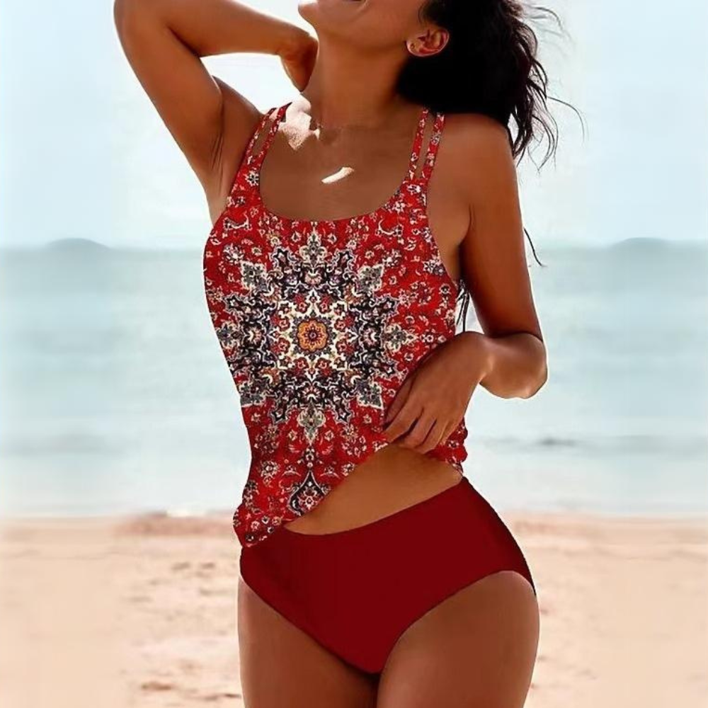 Fiona - Ensemble tankini imprimé mandala avec bas uni