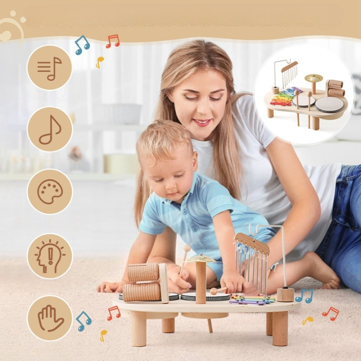 MelodyPlay Table de musique en bois – Instrument pédagogique tout-en-un pour tout-petits, avec tambours, xylophone et métallophones