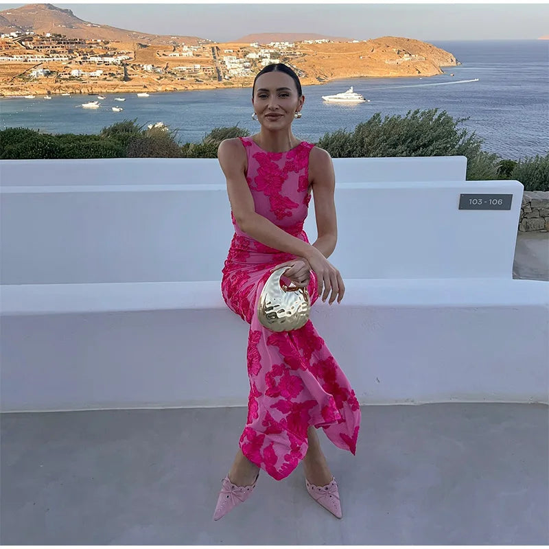 Stella - Robe maxi à imprimé floral rose avec col haut