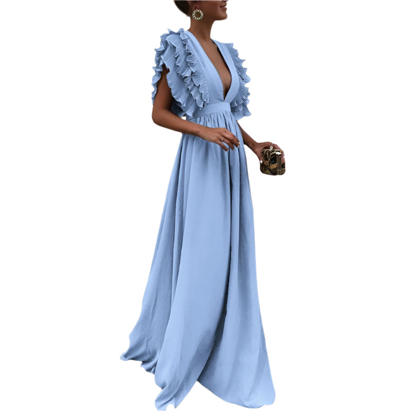 LuxeFlair - Robe maxi à décolleté en V profond et manches à volants