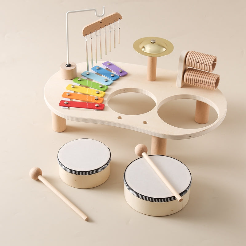 MelodyPlay Table de musique en bois – Instrument pédagogique tout-en-un pour tout-petits, avec tambours, xylophone et métallophones
