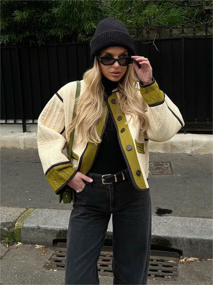 Mari - Manteau patchwork à manches longues avec boutons