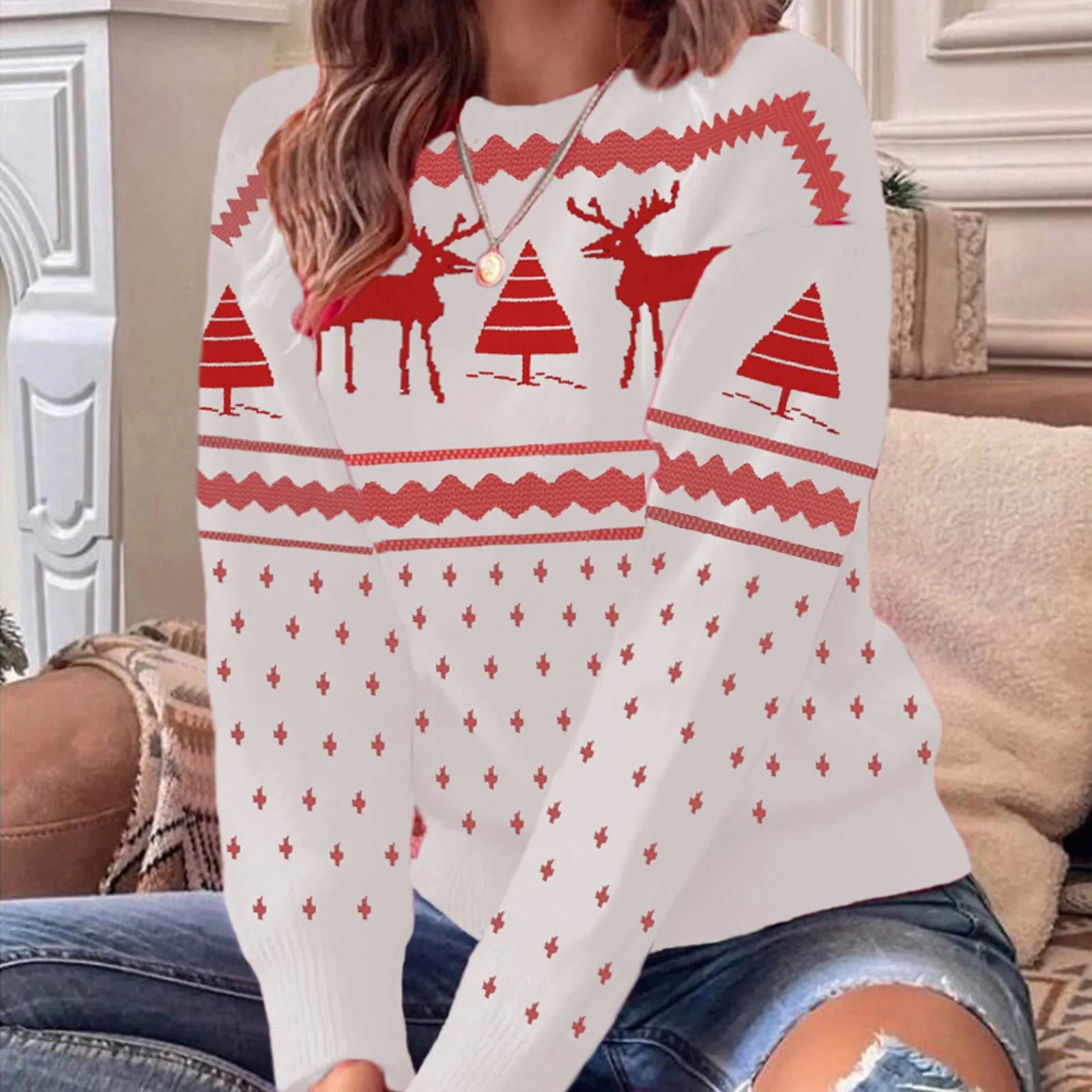 Sabrina - Pull en tricot décontracté avec motif élan de Noël