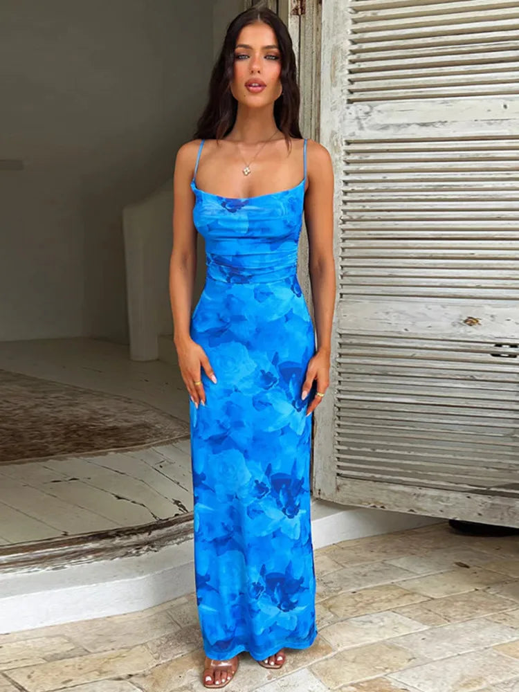 Robe Maxi à Imprimé Floral Elara Chic – Élégance avec Bretelles Spaghetti