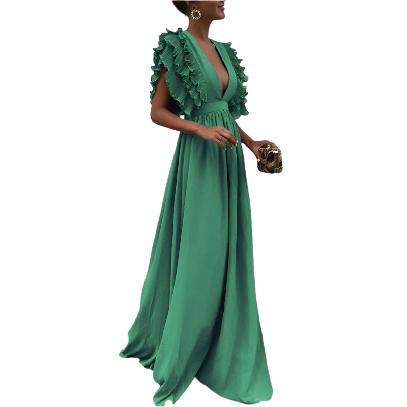 LuxeFlair - Robe maxi à décolleté en V profond et manches à volants