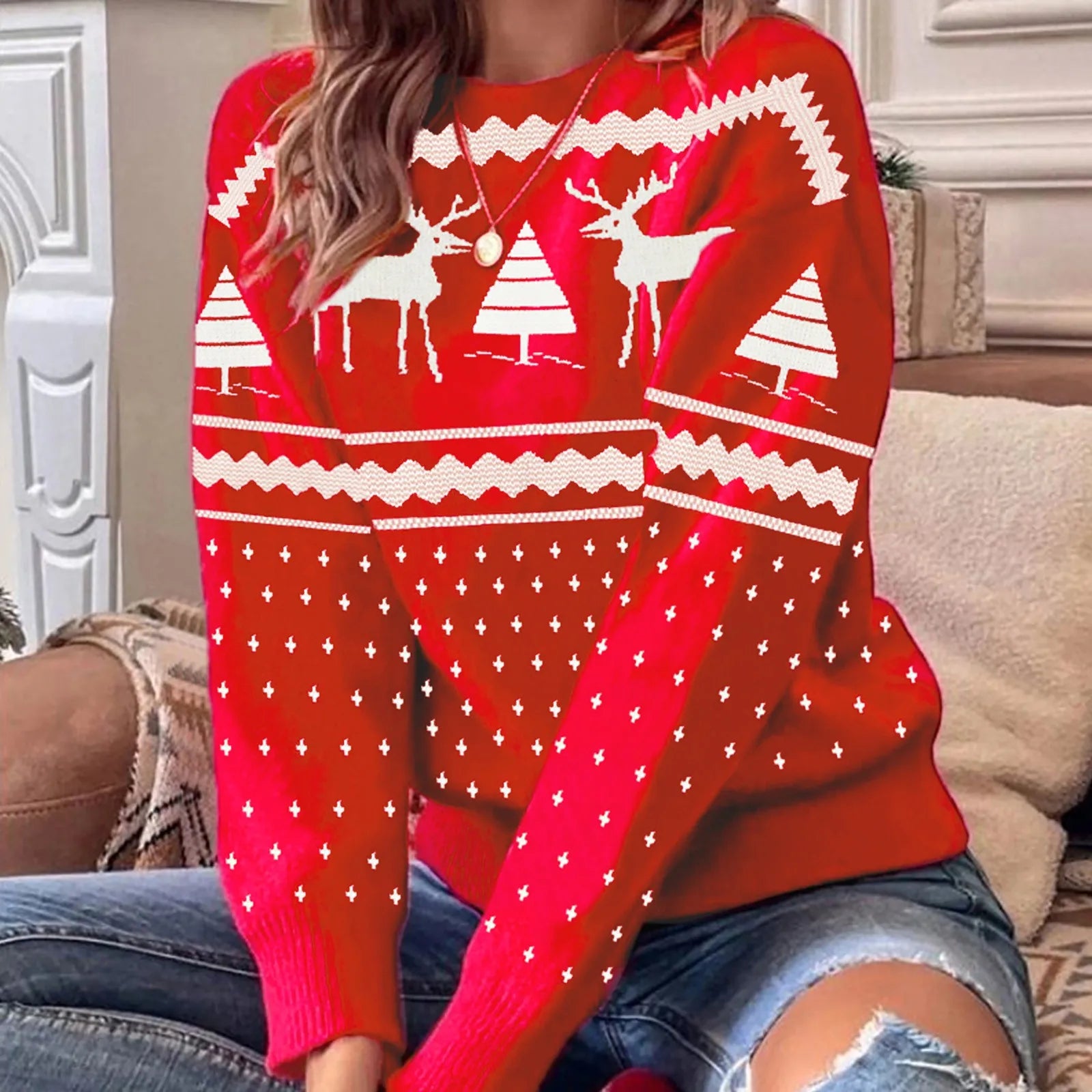 Sabrina - Pull en tricot décontracté avec motif élan de Noël