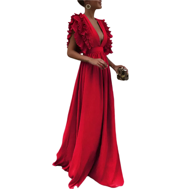 LuxeFlair - Robe maxi à décolleté en V profond et manches à volants