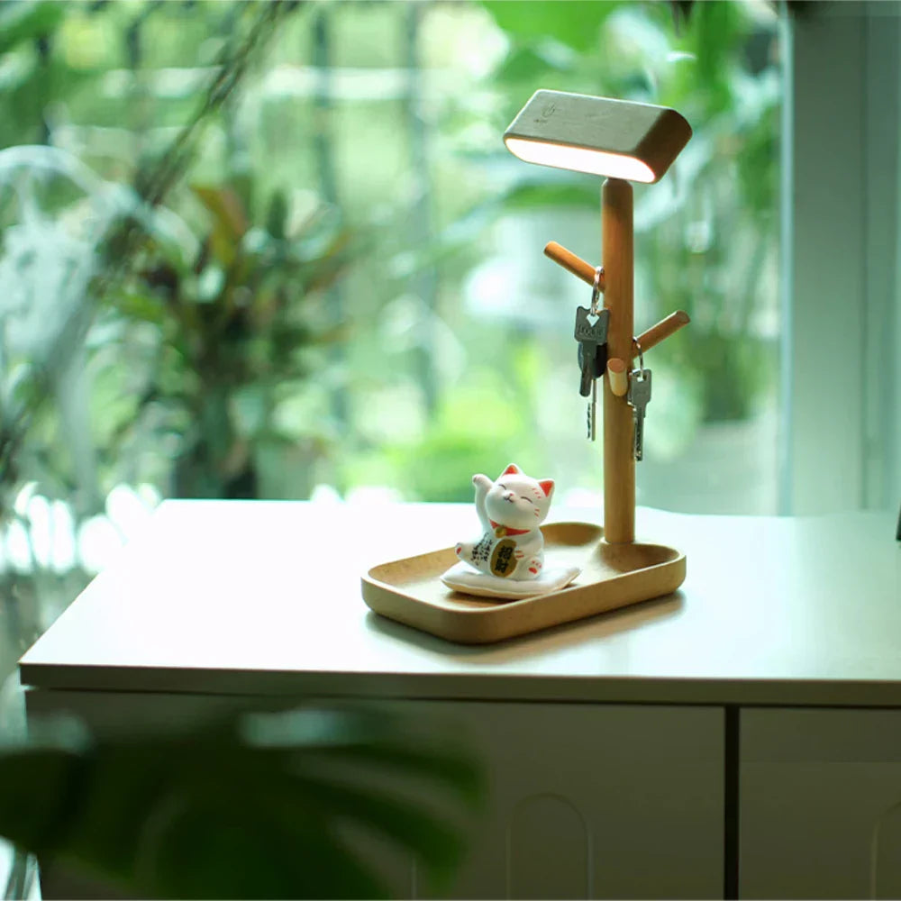 WoodGlow - Lampe de table en bois avec station de rangement et de chargement
