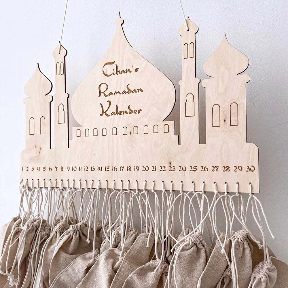Pendentif en sac de jute du château de Ramadan, calendrier de compte à rebours en bois