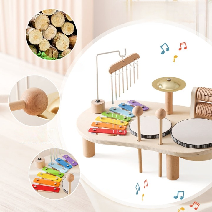 MelodyPlay Table de musique en bois – Instrument pédagogique tout-en-un pour tout-petits, avec tambours, xylophone et métallophones