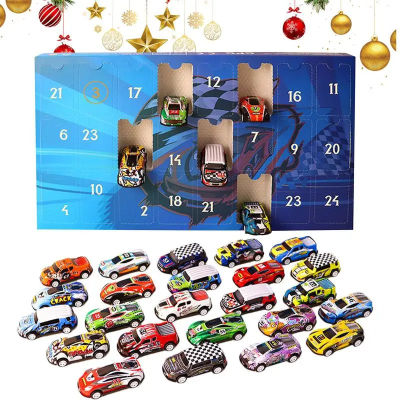 24 pièces de jouets de voitures de course en bois - Calendriers de l'Avent décoratifs pour Noël