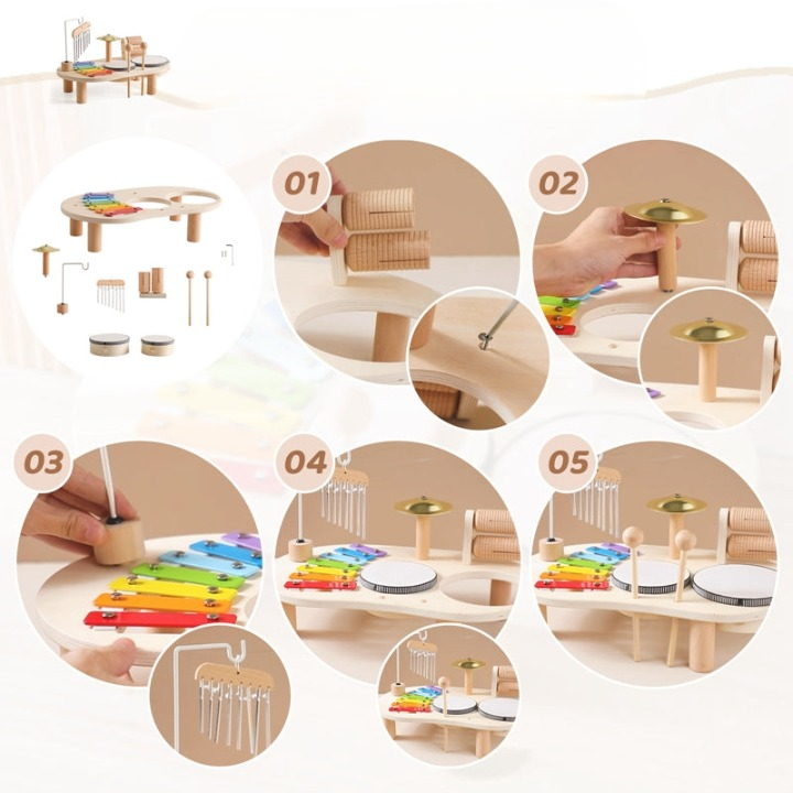 MelodyPlay Table de musique en bois – Instrument pédagogique tout-en-un pour tout-petits, avec tambours, xylophone et métallophones