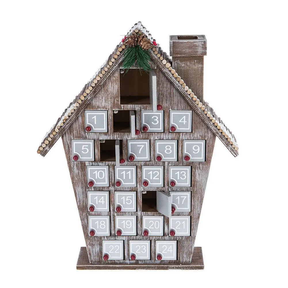 Calendrier de l'Avent en bois avec 25 tiroirs de rangement en forme de maison de Noël