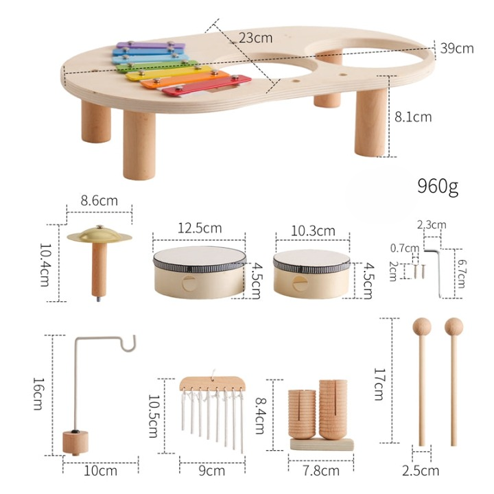 MelodyPlay Table de musique en bois – Instrument pédagogique tout-en-un pour tout-petits, avec tambours, xylophone et métallophones