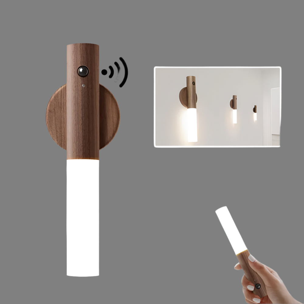 LumoGlow - Veilleuse LED minimaliste avec détecteur de mouvement et base en bois