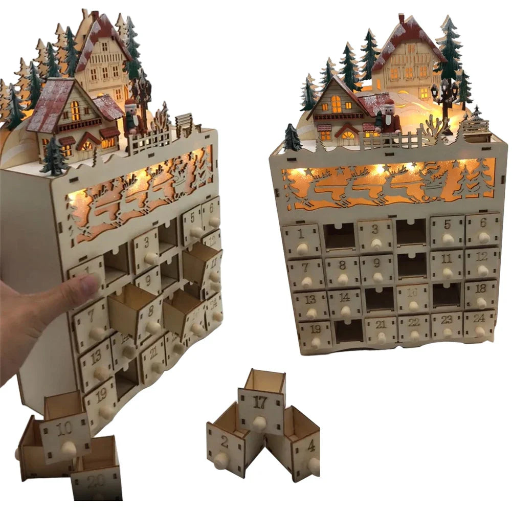 Calendrier de l'Avent en bois avec un village de rennes - 1 pièce