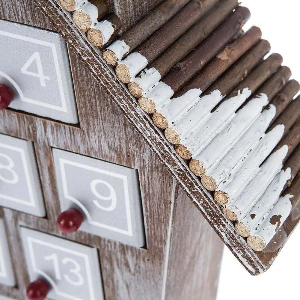 Calendrier de l'Avent en bois avec 25 tiroirs de rangement en forme de maison de Noël