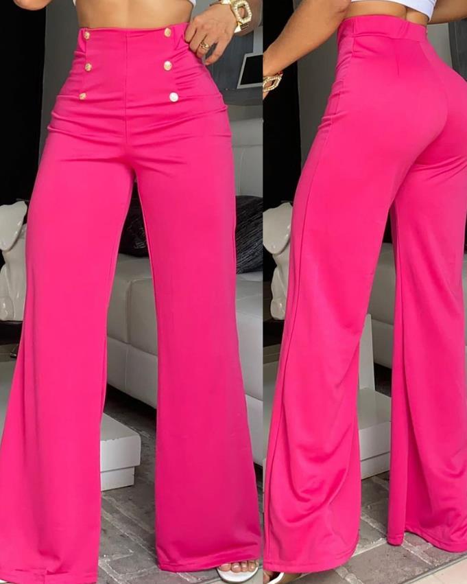 Emilia – Pantalons taille haute à jambes larges et détails de boutons