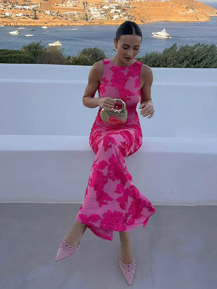 Stella - Robe maxi à imprimé floral rose avec col haut