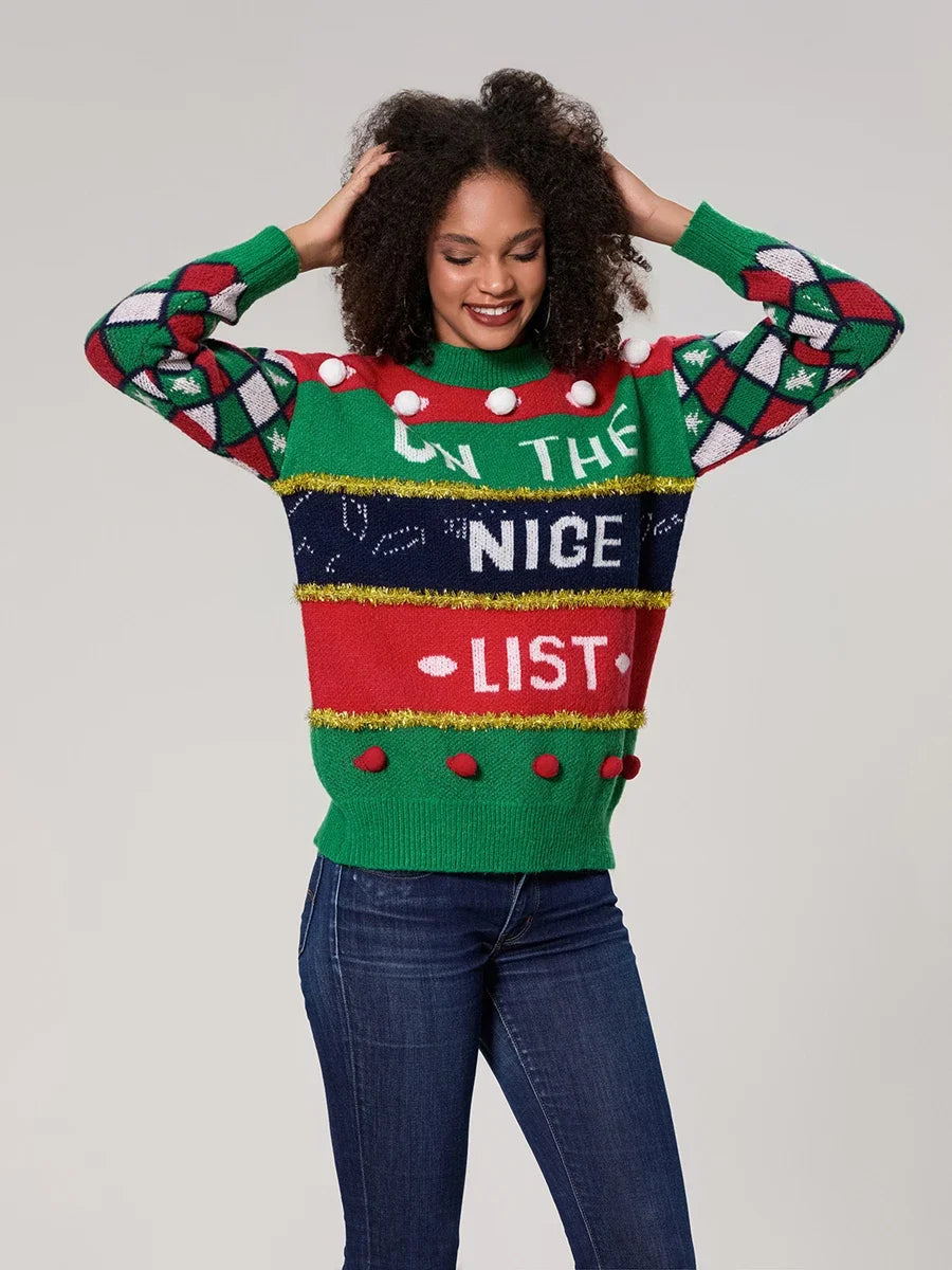 Danica - Pull de Noël à impression lettre à col montant