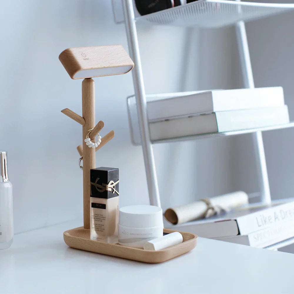 WoodGlow - Lampe de table en bois avec station de rangement et de chargement