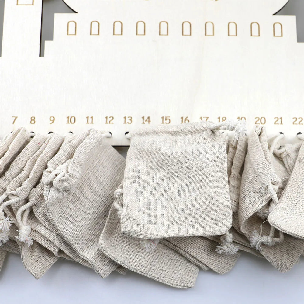 Pendentif en sac de jute du château de Ramadan, calendrier de compte à rebours en bois