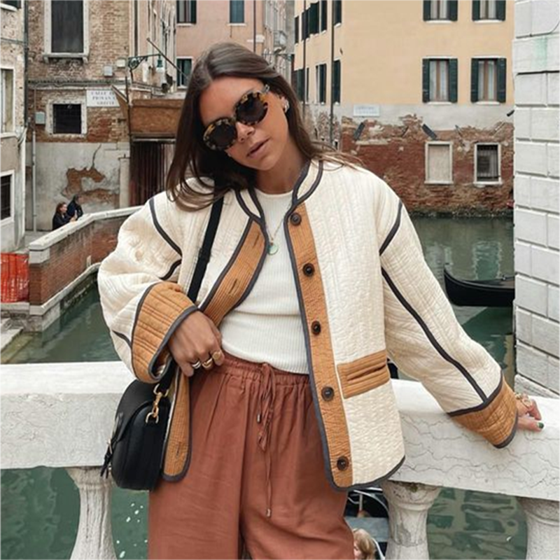 Mari - Manteau patchwork à manches longues avec boutons