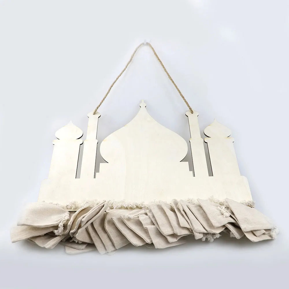Pendentif en sac de jute du château de Ramadan, calendrier de compte à rebours en bois