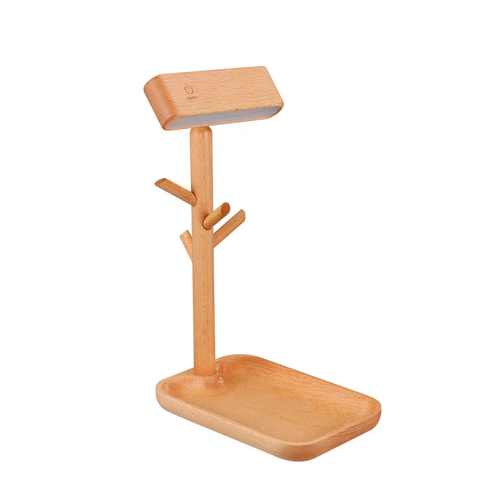 WoodGlow - Lampe de table en bois avec station de rangement et de chargement