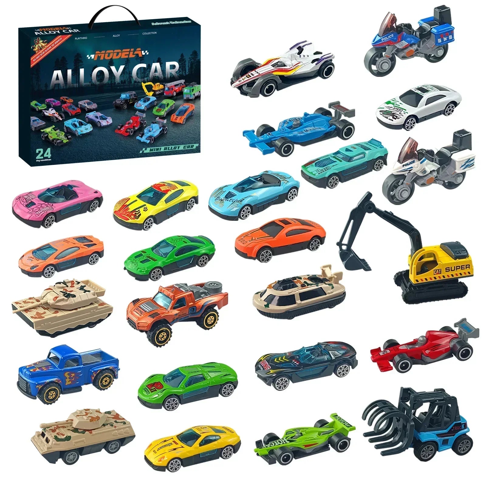 Ensemble de 24 pièces de calendrier de l'Avent pour cadeaux de Noël, modèle en alliage, voiture diecast
