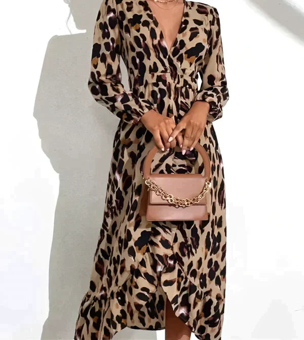 Savannah | Robe Longue à Décolleté en V avec Motif Léopard
