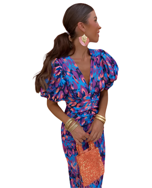 Bella - Robe midi fleurie et dynamique à manches bouffantes