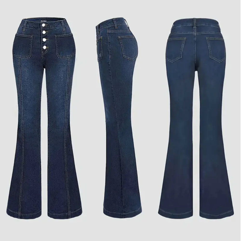 Merta – Jeans femme en denim extensible avec fermeture à boutons et coupe toutes saisons
