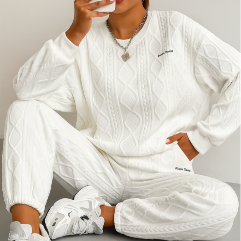 Ensemble pour femmes en tissu structuré – Sweat-shirt à manches longues et pantalon de jogging – Décontracté et confortable