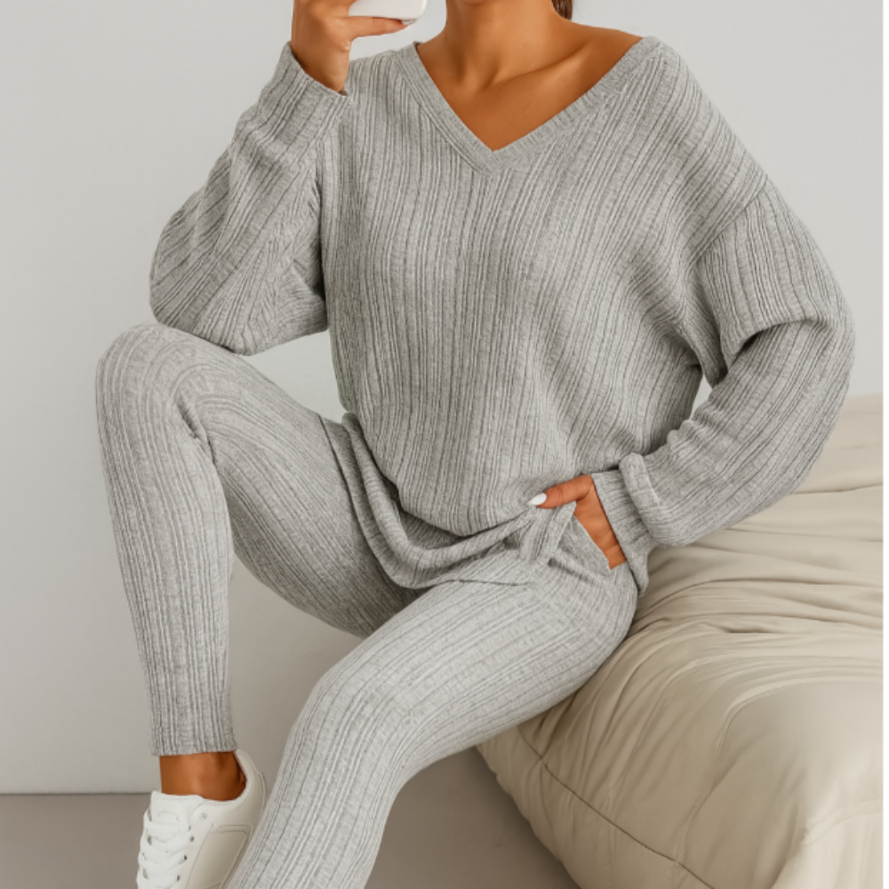 Ensemble deux pièces pour femme en maille côtelée – Sweat à capuche à manches longues et pantalon skinny – Tenue décontractée de loisirs