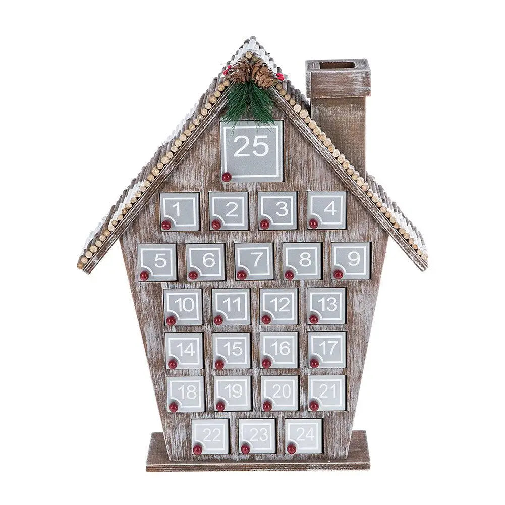 Calendrier de l'Avent en bois avec 25 tiroirs de rangement en forme de maison de Noël