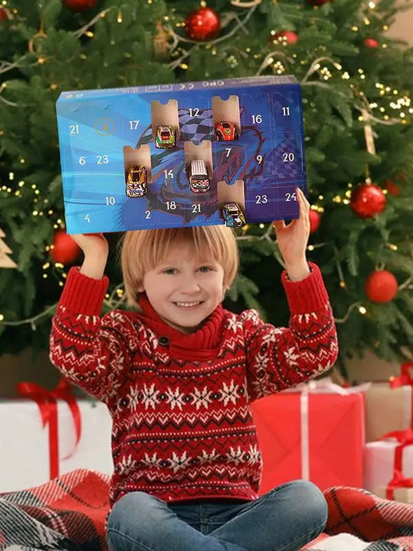 24 pièces de jouets de voitures de course en bois - Calendriers de l'Avent décoratifs pour Noël