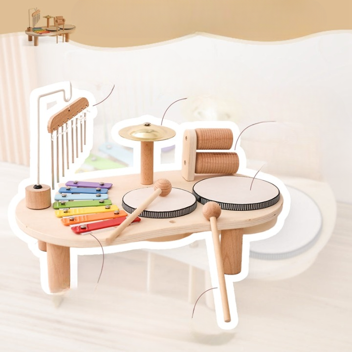 MelodyPlay Table de musique en bois – Instrument pédagogique tout-en-un pour tout-petits, avec tambours, xylophone et métallophones