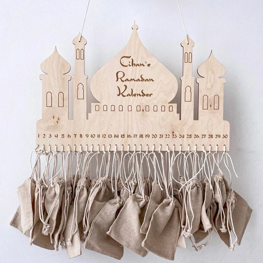 Pendentif en sac de jute du château de Ramadan, calendrier de compte à rebours en bois