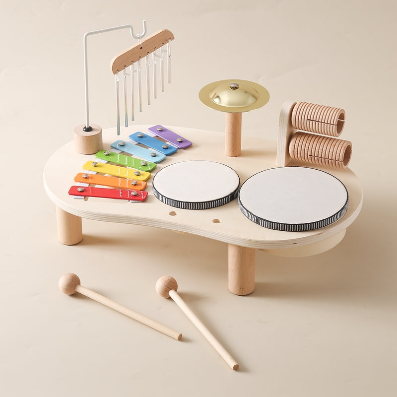 MelodyPlay Table de musique en bois – Instrument pédagogique tout-en-un pour tout-petits, avec tambours, xylophone et métallophones