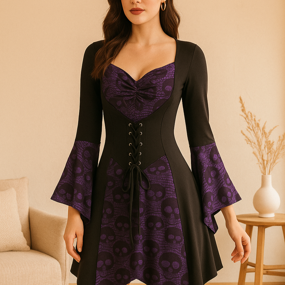 Chemisier gothique SkullLace – Blouse pour femmes avec imprimé crâne et corset à la taille