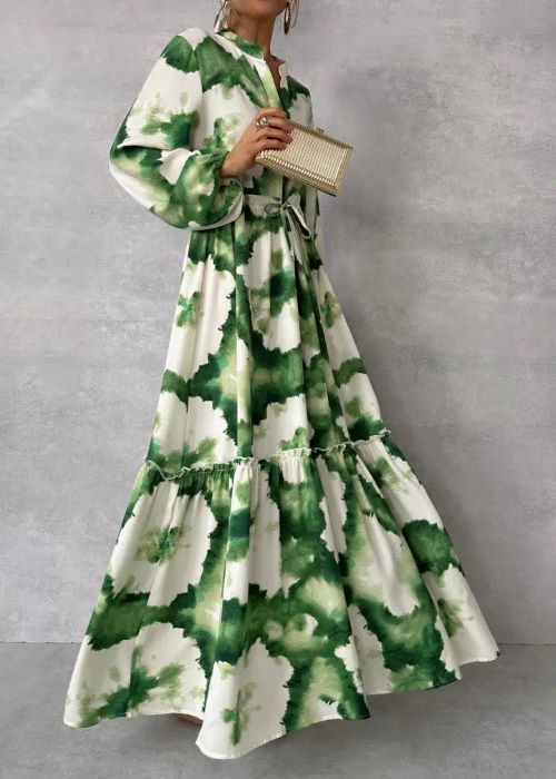 EmeraldElegance | Robe longue à manches longues avec col en V