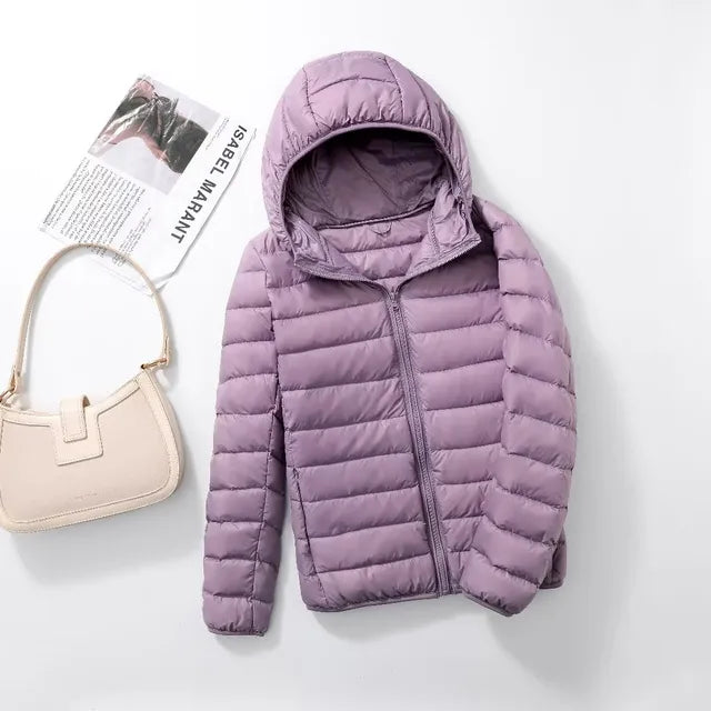 Manteau en duvet ultraléger et compactable avec capuche Nova