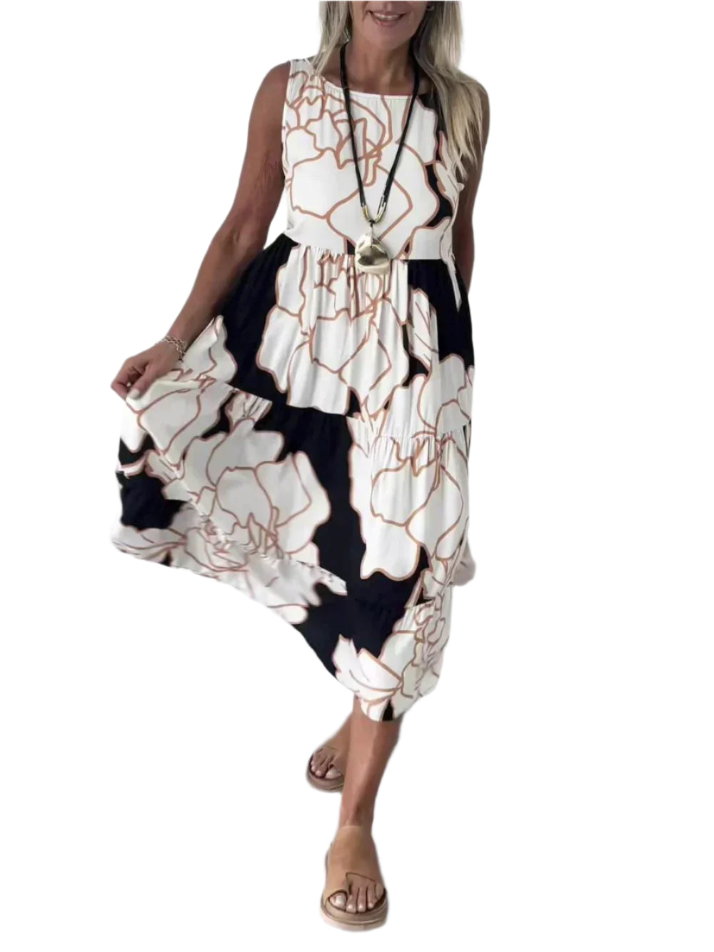 Jasmine - Robe mi-longue fleurie sans manches à volants pour un chic estival sans effort