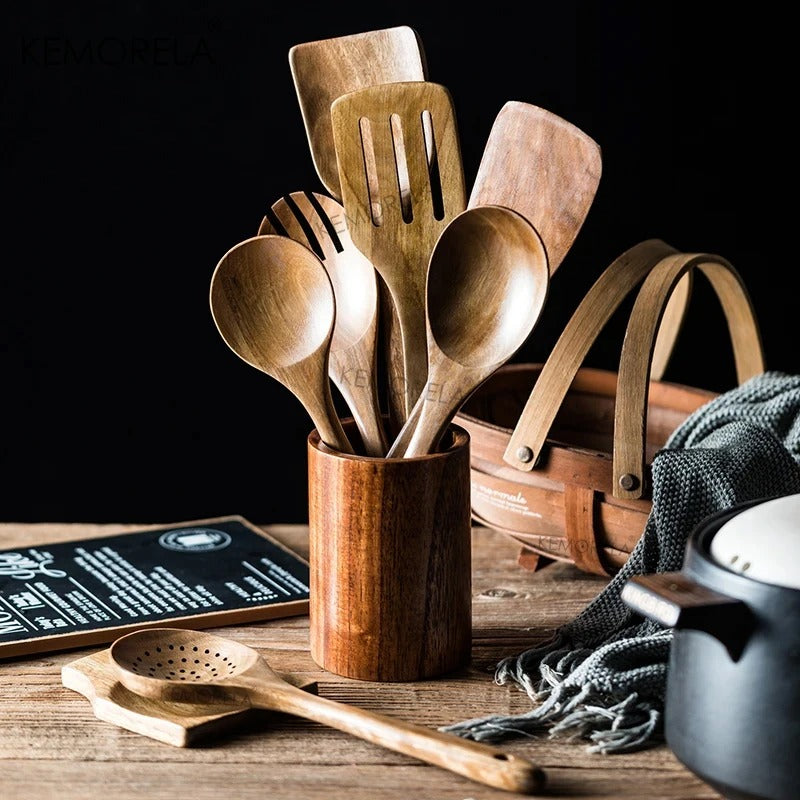 EcoWood - Ensemble d'ustensiles de cuisine en bois premium