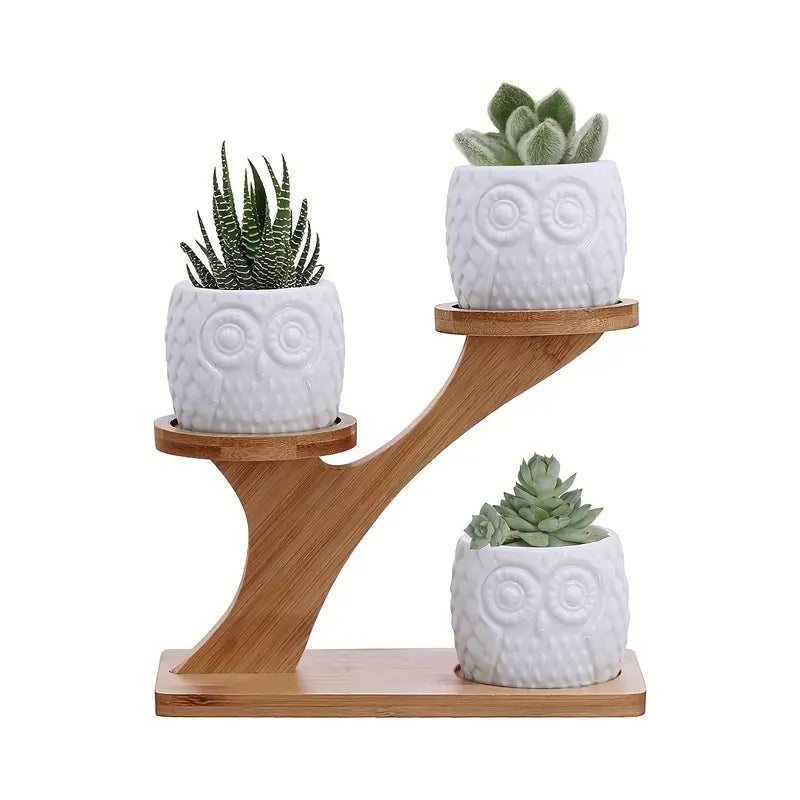 UgleTrio Support de Plante en Bois avec des Pots de Hibou Décoratifs pour une Utilisation Intérieure
